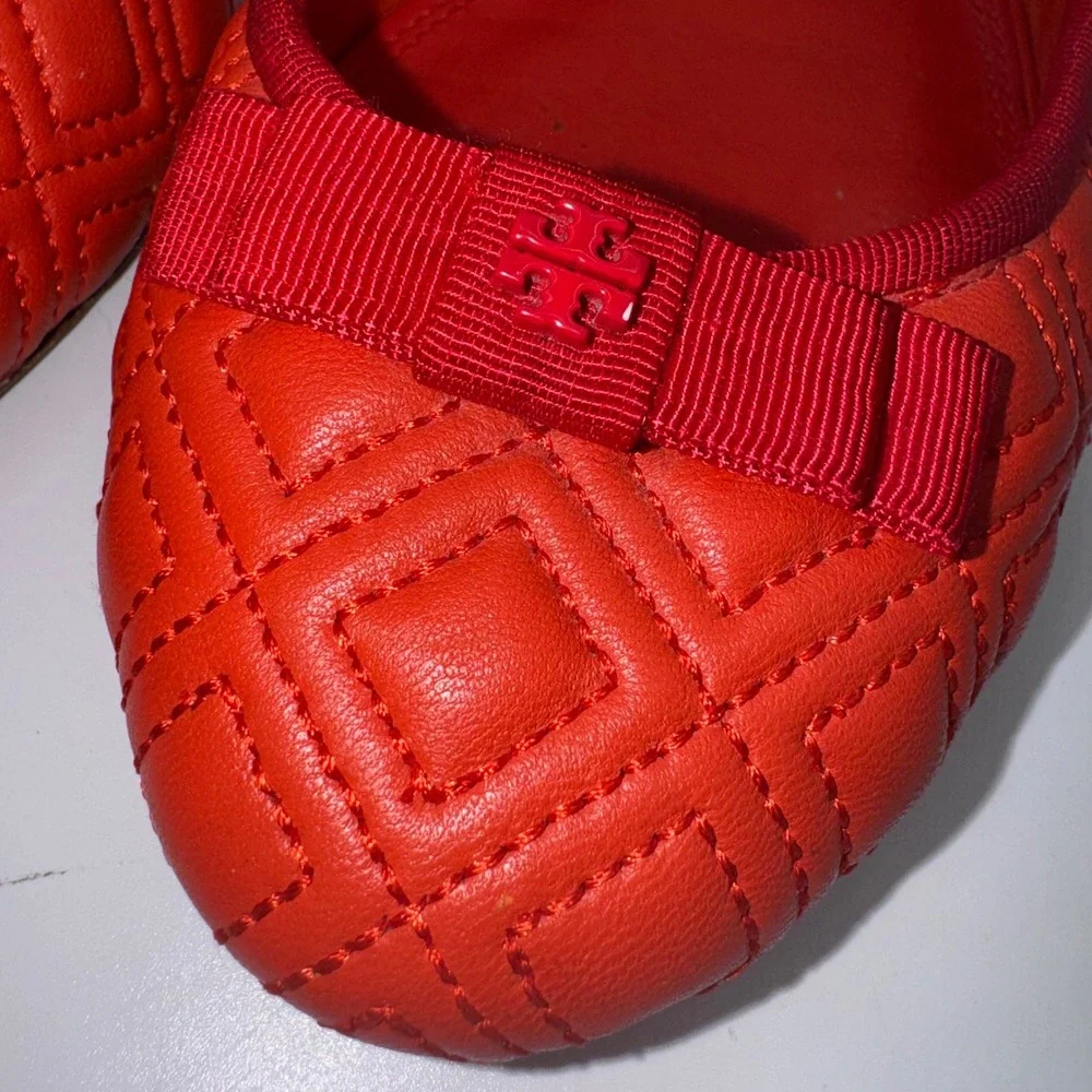 Tory Burch Marion Quilted Leather Ballet Flats Samba Red Bow Logo 7M Dress Shoes